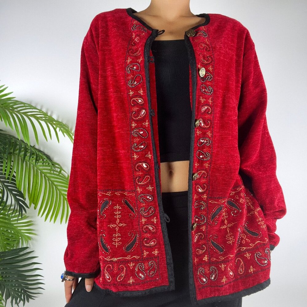 Vintage 90s Red Paisley Embroidered Fairy Grunge Bohemian Oversized Jacket / M - Picture 1 of 7